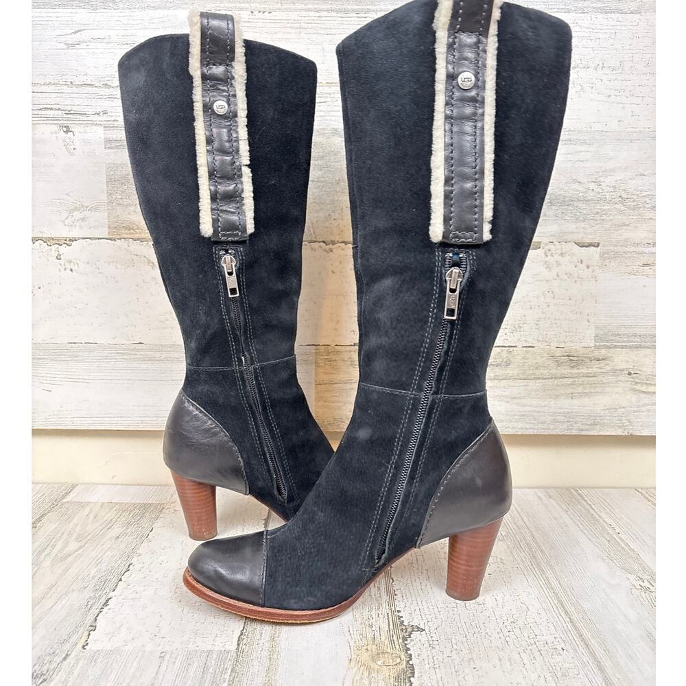 UGG Australia Womens 6 Tess Black Suede Heeled Tall Boots Sheepskin Luxe Leather